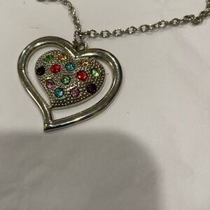 Silver Heart Pendant Necklace with Multicolor Crystals